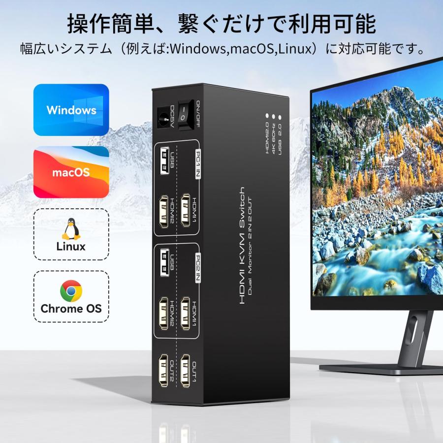 4K 60Hz USB3.0 HDMI KVM 切替器 デュアル モニター 2PC 共有 SW220 2