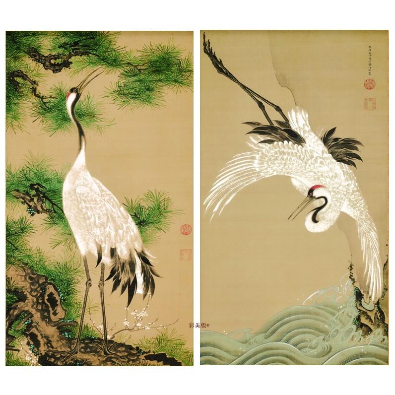 鶴と松の日本画 掛け軸 水峰画 鶴と松の日本画