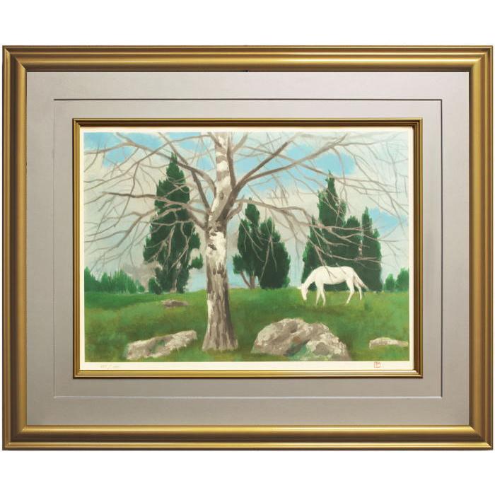 東山魁夷 生前作 『早春の丘』 リトグラフ版画 絵画 日本画 白馬 送料