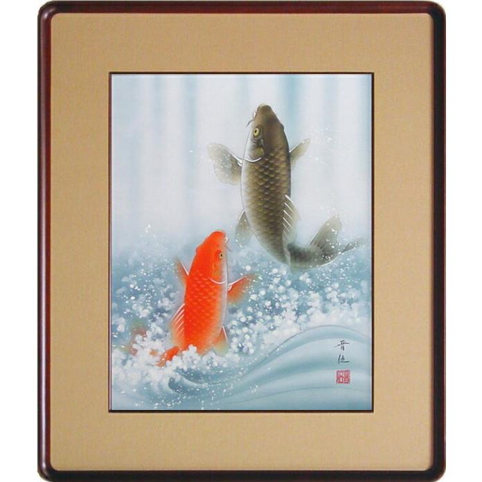 日本画 夫婦滝昇鯉 風水 金運アップ 運気上昇 縁起物 アート 美術品