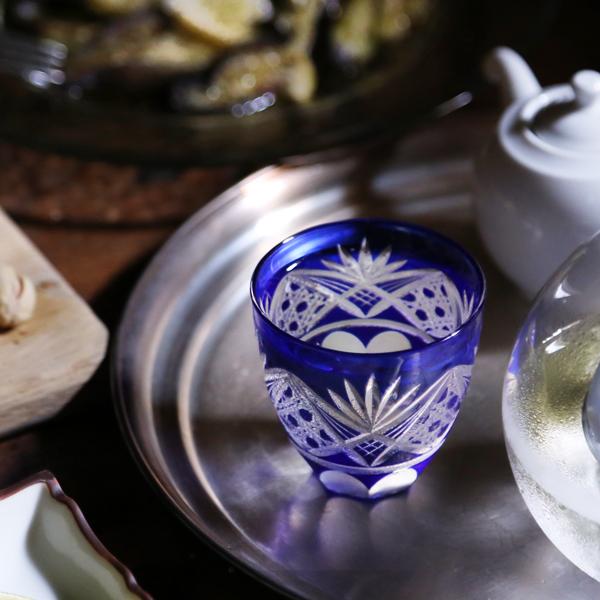 田島硝子（TAJIMA GLASS） 江戸切子 八角籠目菊底 ぐい呑み ルリ 盃