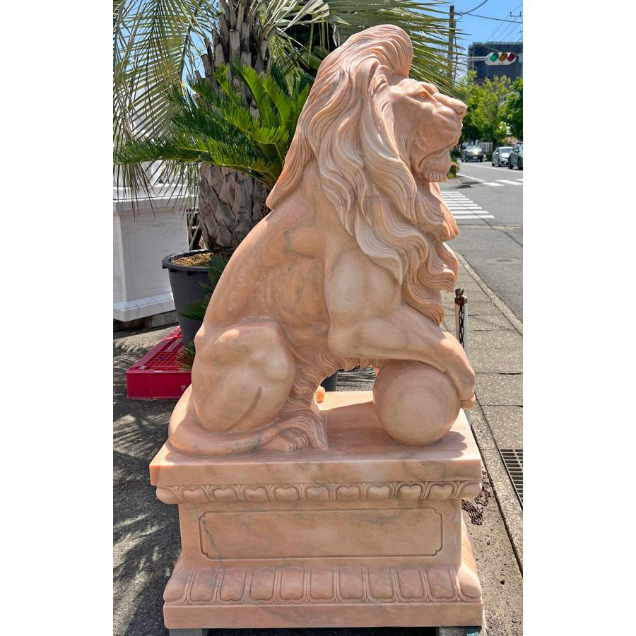 天然大理石彫刻 玉を持つライオン ペア ピンク H158cm 阿吽 狛犬 像