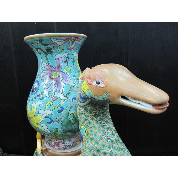 景徳鎮 十錦 動物飾り壺（1対） 高さ約35cm 中国 陶磁器 花瓶 オブジェ