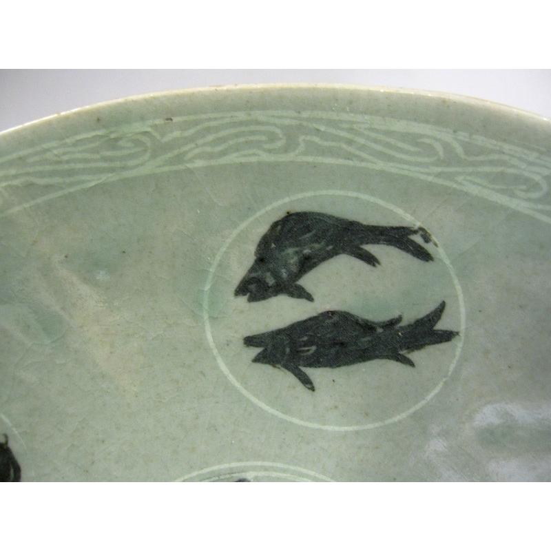 高麗青磁 象嵌魚文鉢 茶碗 李朝 陶磁器 韓国 朝鮮 茶道具 美品 茶道