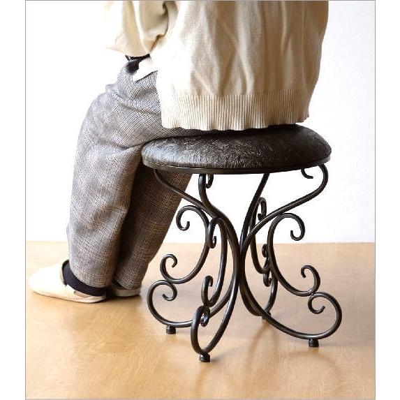 スツール アンティーク アイアン レザー 丸椅子 クッション 玄関