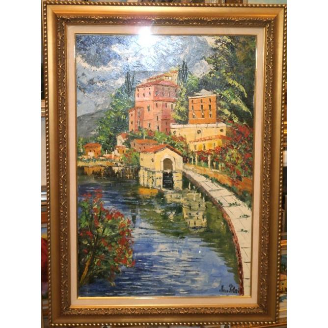 イタリア油絵 絵画 マルコ 作 水車小屋のある風景 インテリア 大型