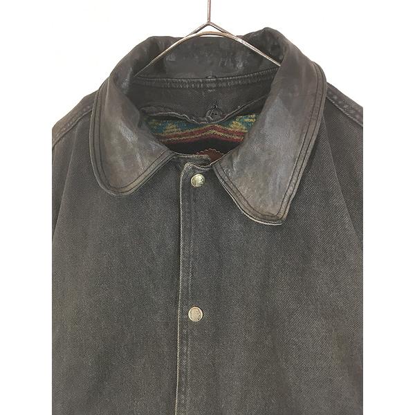 古着 90s USA製 WoolRich 本革 レザー襟 ブラック デニム ハンティング