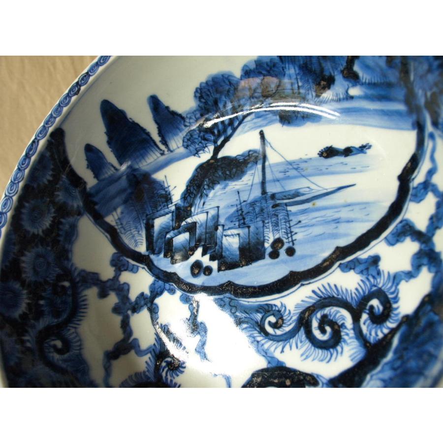 古伊万里 染付大皿34×27.8cm幕末骨董 手描き山水風景文 銘:玩 古美術