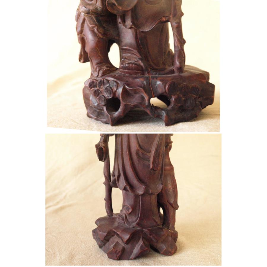 清時代一木造 木彫福禄寿 童子置物26cm 招福 仙人 七福神 寿老人 縁起物