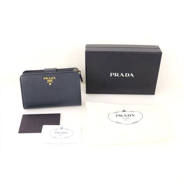 プラダ PRADA ネイビー レザー 二つ折り財布 サフィアーノメタル