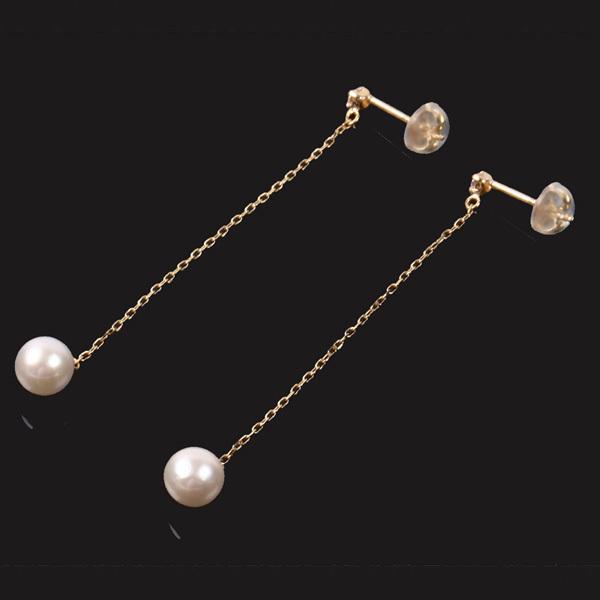 アコヤ真珠 本パール ロング ピアス 揺れる イエロー ゴールド 18k K18