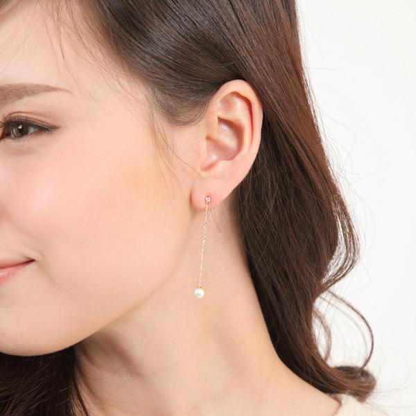 アコヤ真珠 本パール ロング ピアス 揺れる イエロー ゴールド 18k K18