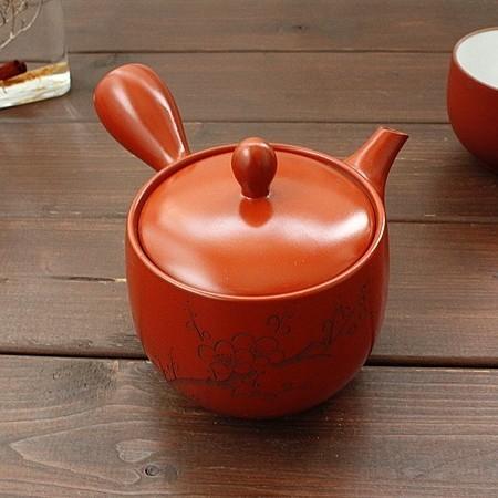 常滑焼 朱泥急須 梅 ※ステンレス製茶漉し付き (和食器 ポット 茶器 朱