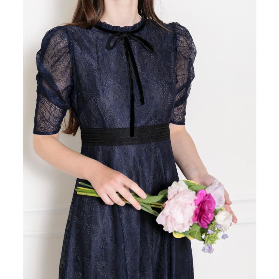 LEJA】ウエストマークパフスリーブ総レースロングドレスワンピース