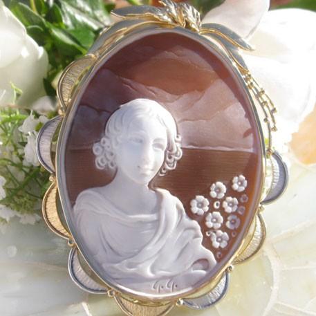 K18 カメオ ブローチ 作家ガロファロ女性の横顔と花