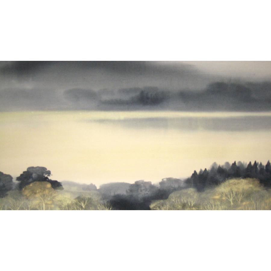 掛け軸 掛軸 水墨山湖 川村憲邦 (真筆・中古) 太巻・共箱・二重箱