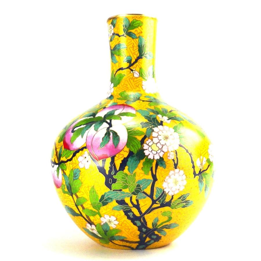 七宝焼 緑釉 花文 花瓶 唐木台付 共箱 V 9833A 七宝焼 青釉