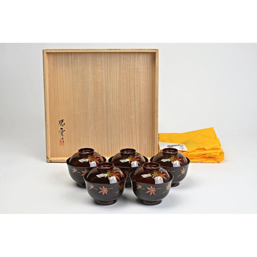 勝雲作 輪島塗 紅葉蒔絵 秋 吸物椀 五客 平野優雅堂 極上本堅地製造