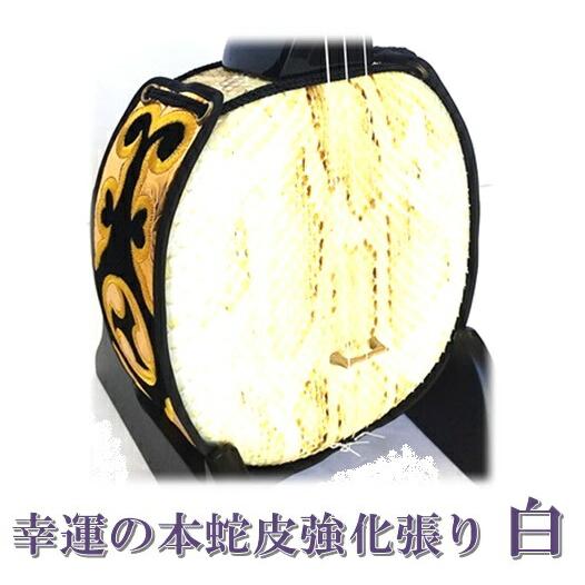 三線 沖縄三線 本皮 幸運の本蛇皮強化張り 白 真壁型 黒塗り