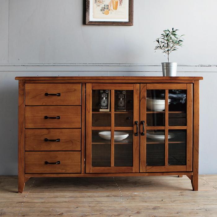 キャビネット 無垢 120 ガラス棚 リビング収納 サイドボード リビング