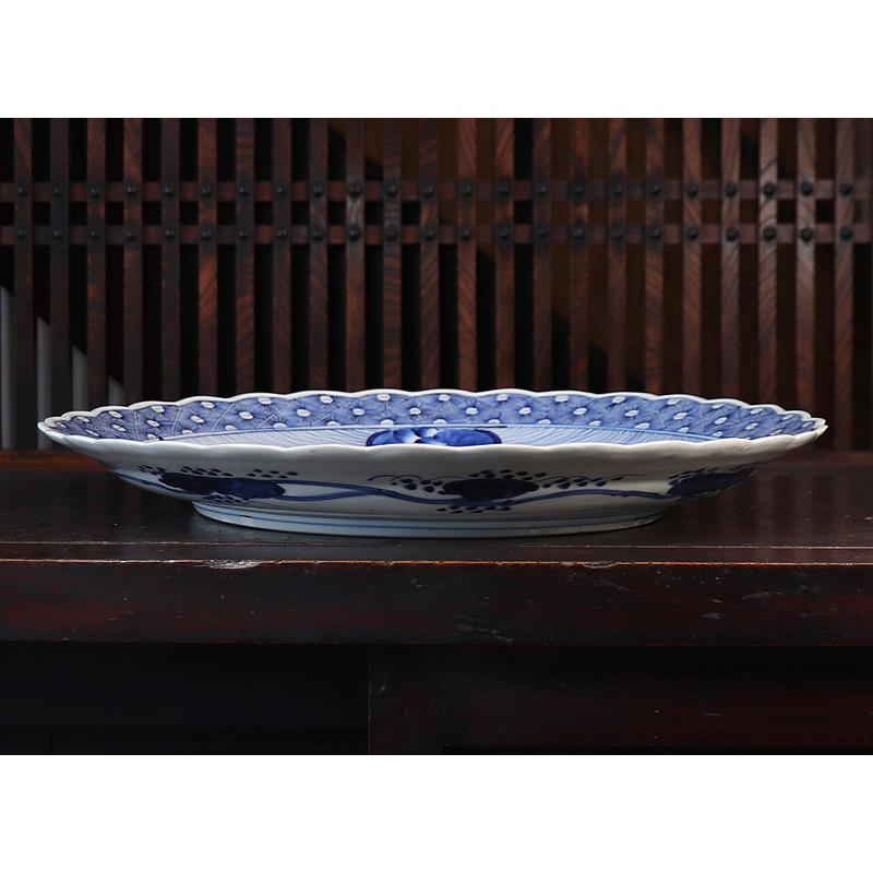 古伊万里 色絵七寸輪花形皿 冨貴長春 龍 植物 鶴亀 直径21.6