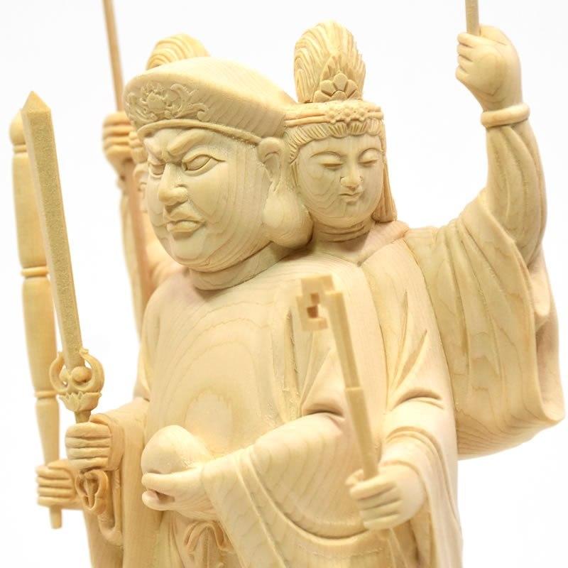 木彫り仏像 【三面出世大黒天】桧木 立5.0寸 総丈33cm 比叡山形三面