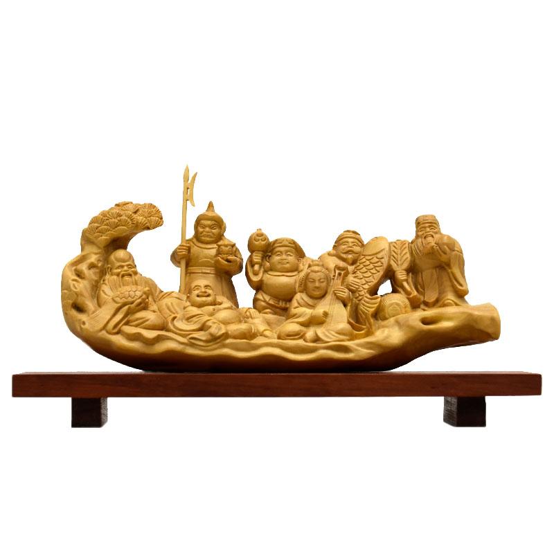 開運招福 木彫り 仏像 柘植一本彫【七福神】 幅約15cm 「七福神