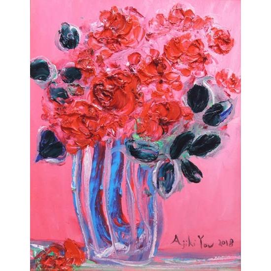 油彩画 花瓶の花 薔薇 肉筆 絵画 静物画 インテリア ア-ト 真作 油彩画