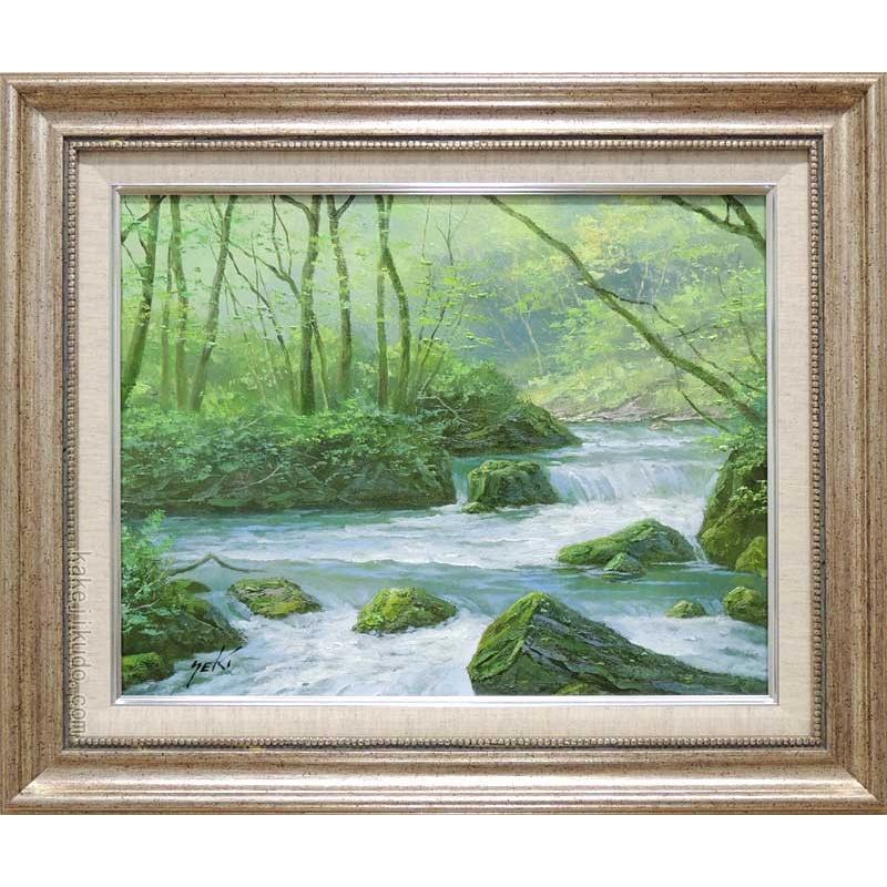 大型油彩画 肉筆 風景画 森林水面 金色額縁 インテリア 美術品 大型