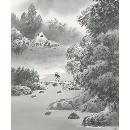 掛け軸 水墨山水 (森川正) （掛軸小物なし) 【掛軸】 : 掛け軸・絵画の