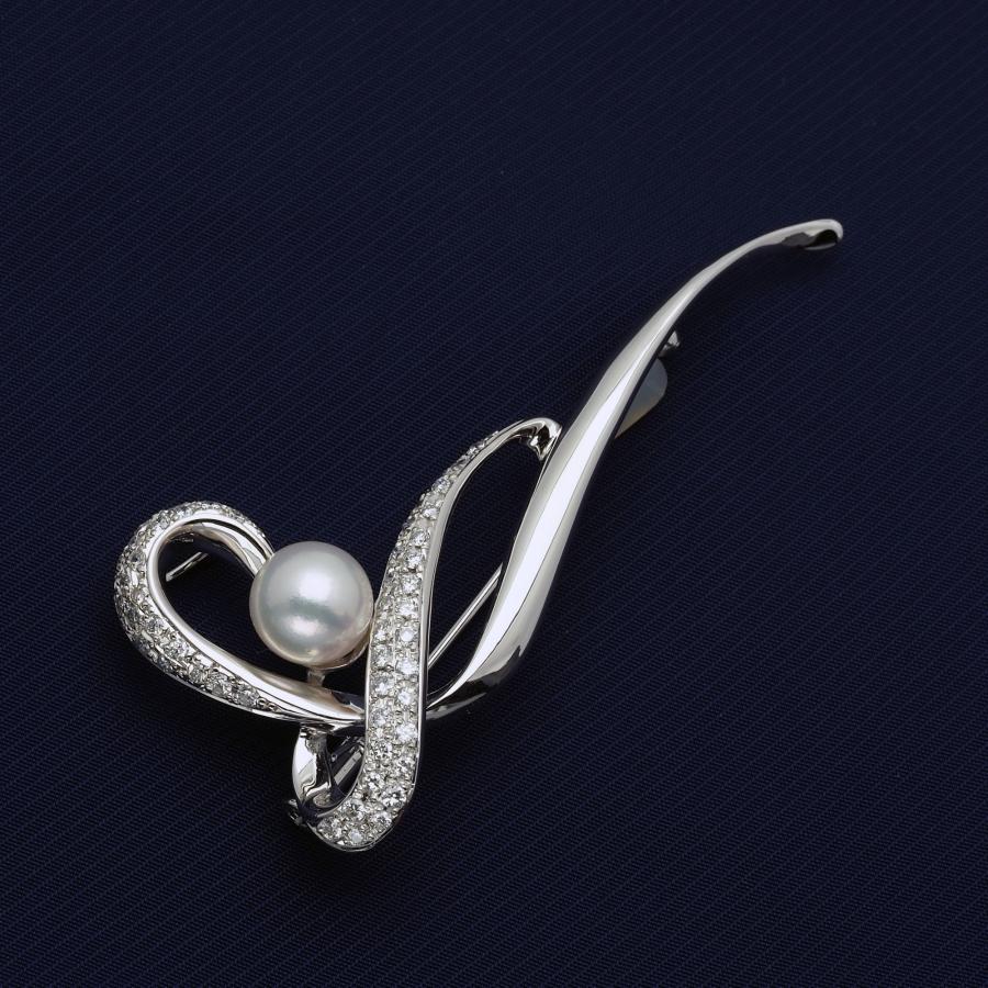 プラチナ900 アコヤ本真珠 デザインブローチ 0.75ct天然ダイヤモンド