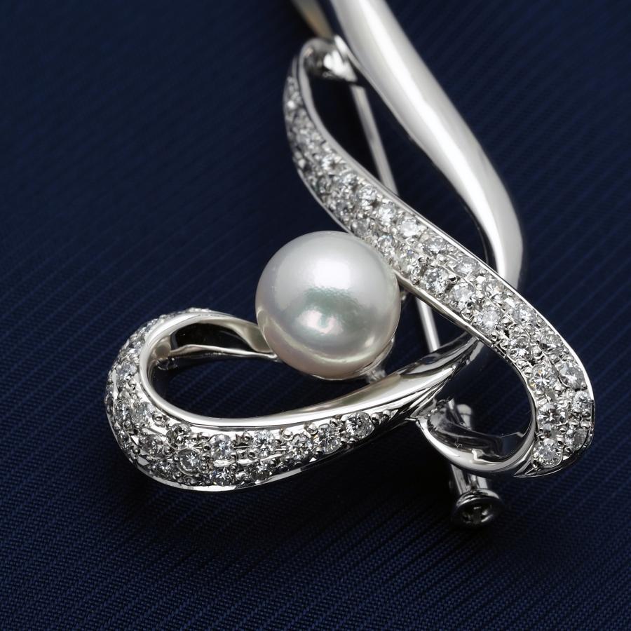 プラチナ900 アコヤ本真珠 デザインブローチ 0.75ct天然ダイヤモンド