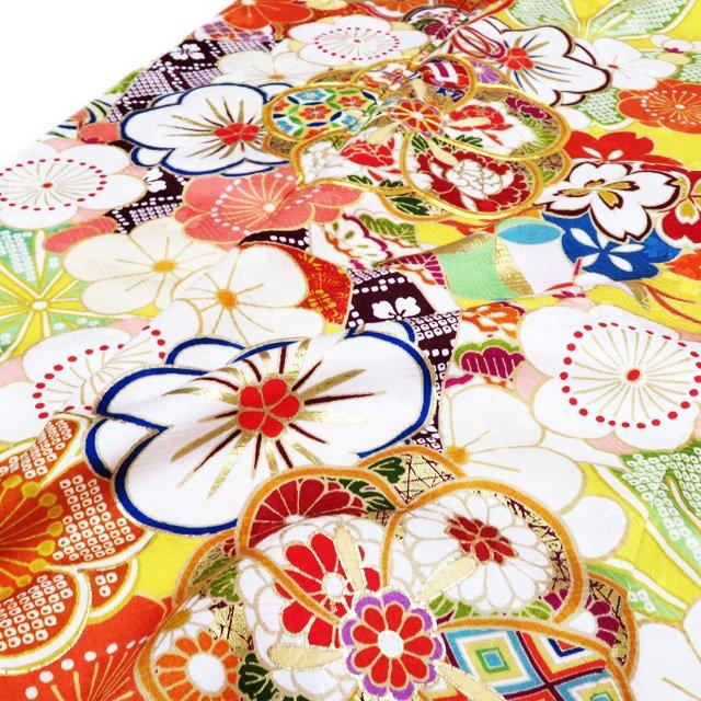 振袖 着物 中古 リサイクル 正絹 金駒刺繍 花模様 梅 桜 鹿の子 地模様
