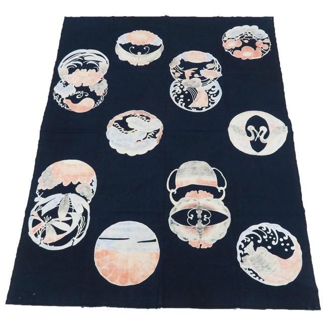 藍染 筒描き 筒描 筒書き つつがき 鶴 亀 蝶 草花 古裂 時代布 襤褸