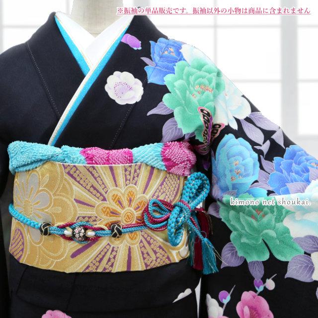 送料無料】【中古】 振袖 正絹（中古 ランクA 黒青 アゲハ蝶 バラ 梅枝