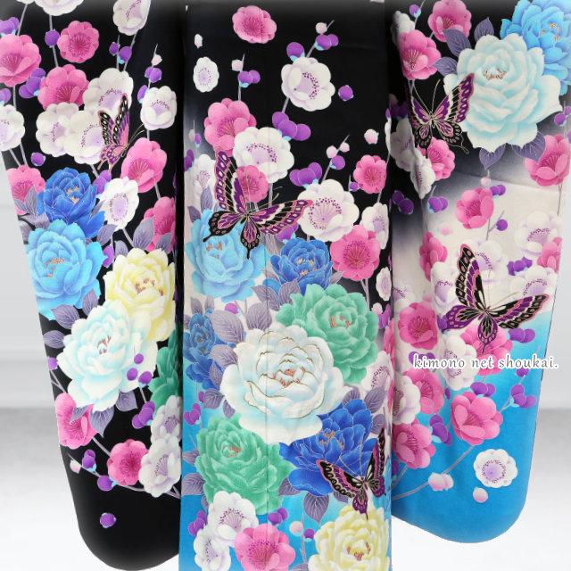 送料無料】【中古】 振袖 正絹（中古 ランクA 黒青 アゲハ蝶 バラ 梅枝