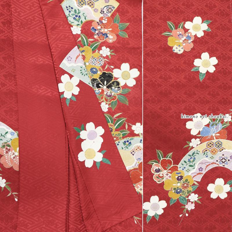 送料無料】【中古】 振袖 正絹（展示品 ランクS えんじ 赤 古典 桜