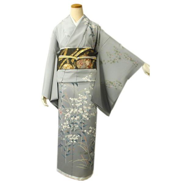正絹訪問着 未仕立て 仮絵羽 ブルーグレー地松と椿模様 松彩 : 京都