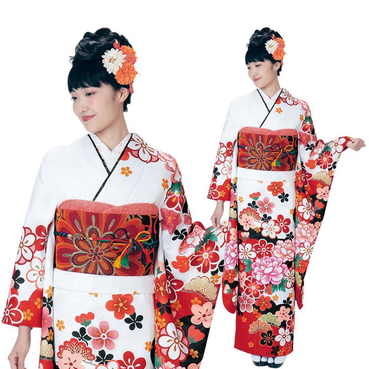 H.L（アッシュ・エル） 振袖3点セット 白地赤雲取り吉祥花 振袖 袋帯