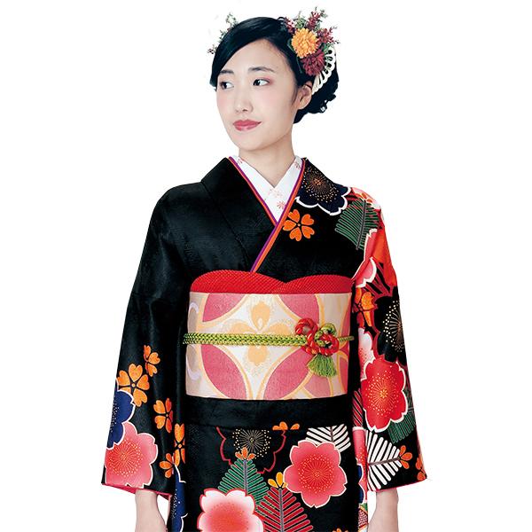 H.L（アッシュ・エル） 振袖3点セット 黒地大輪桜紋 振袖 袋帯 長襦袢