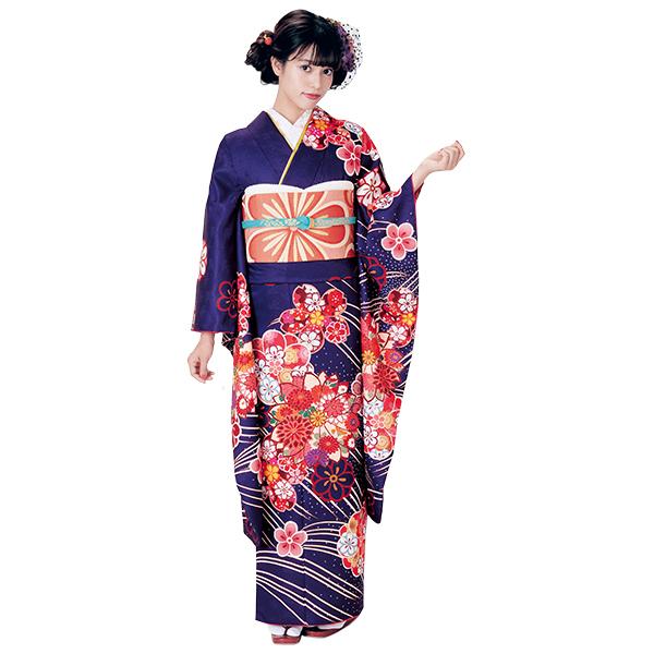 H.L（アッシュ・エル） 振袖3点セット 濃紫地大輪桜紋 振袖 袋帯