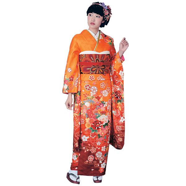 H.L（アッシュ・エル） 振袖3点セット 渋濃オレンジ地吉祥華紋様 振袖