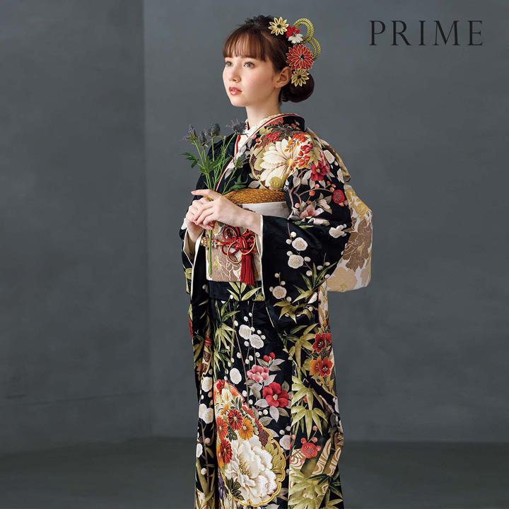 未仕立て 振袖 22点セット「PRIME 黒 雪輪に竹梅椿」仮絵羽 振り袖