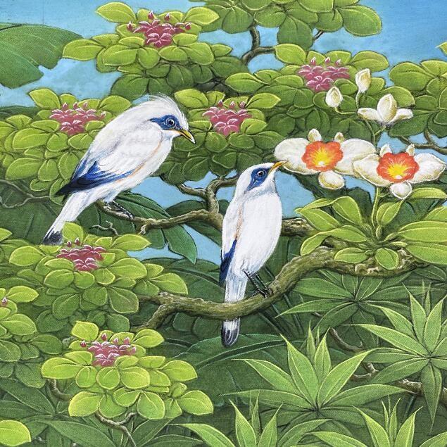 交渉可【アート作品】鳥バードの絵画ガラス木製フレーム額縁付き バリ