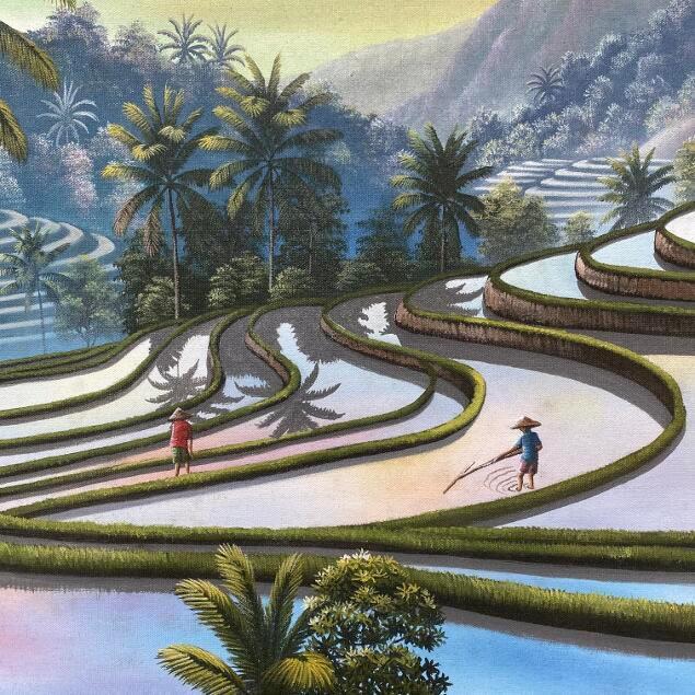 バリ絵画 風景画 棚田 ライステラス 夕日 木彫りフレーム付 W120