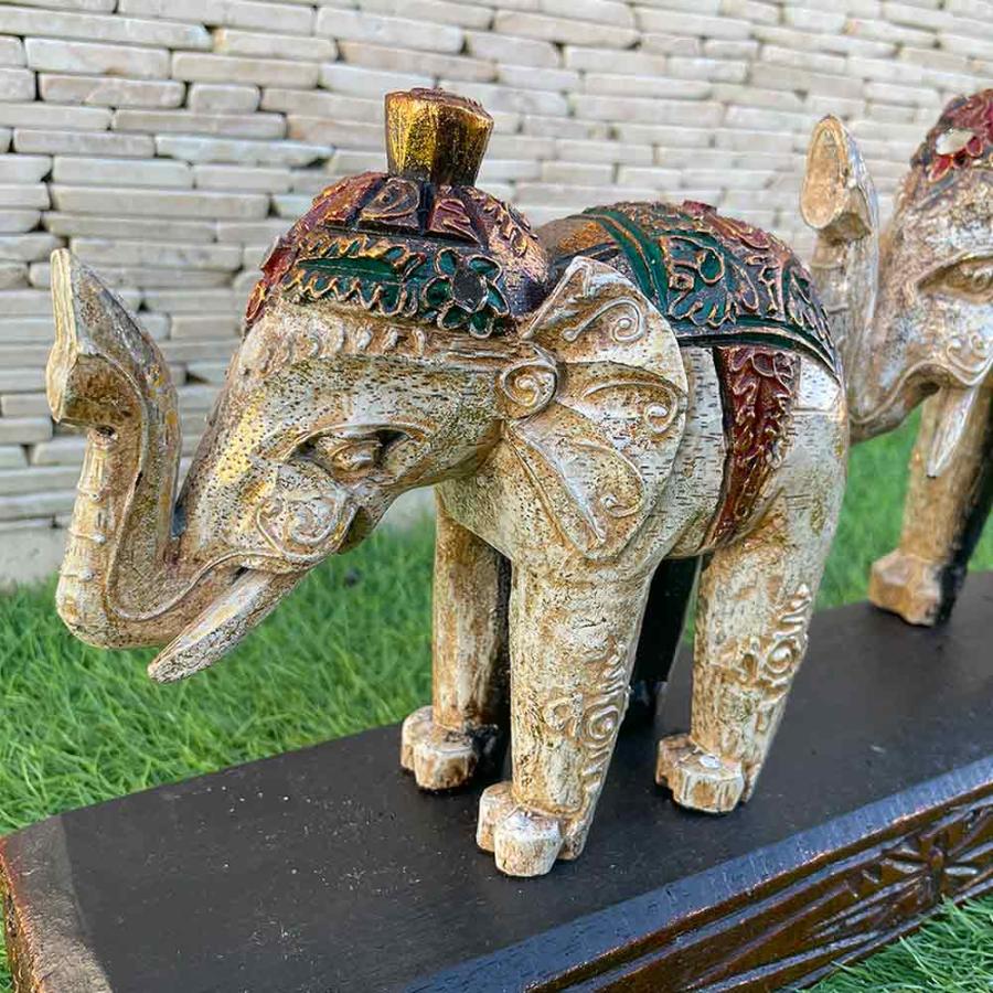 象の置物 2連 木彫りの象 W40cm 2色 金 白 象 ゾウのオブジェ 木製