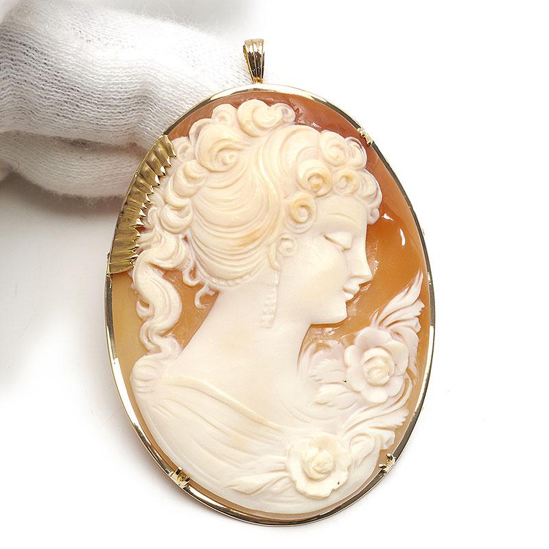 シェルカメオブローチ K18YG ペンダントトップ兼用 女性 横顔 花