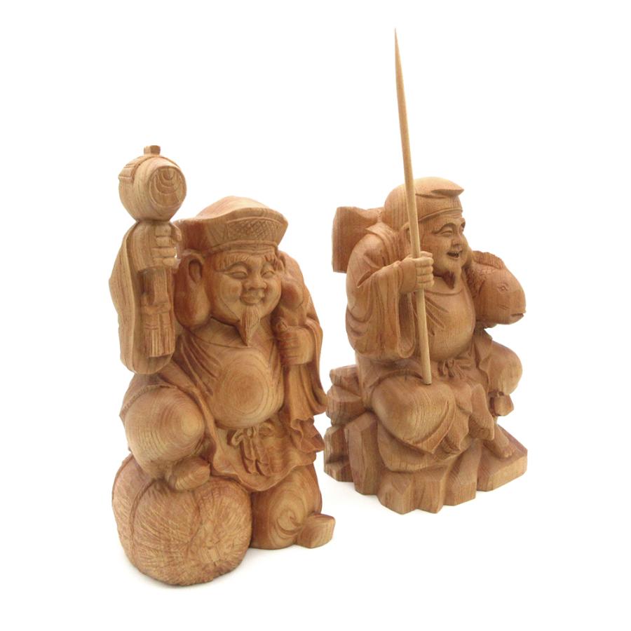 仏像 大黒天・恵比須天（恵比寿天） 総高21cm 欅木 七福神 大黒様
