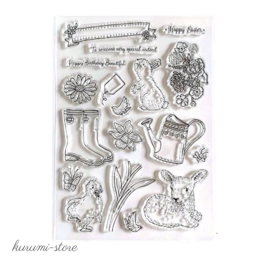 クリアスタンプ ガーデニング ヤギ 鳥 花 うさぎ ジョウロ