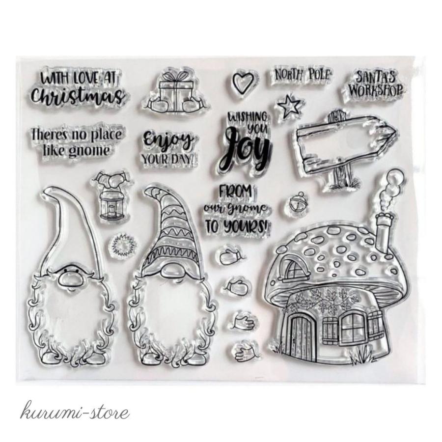 クリアスタンプ 小人 きのこの家 英字 ペーパークラフト はんこ